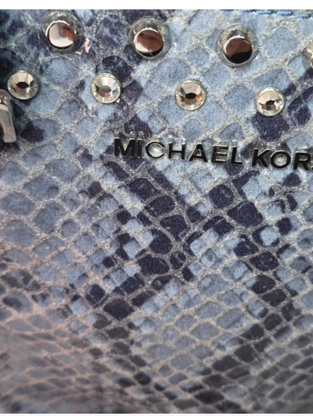 MICHAEL MICHAEL KORS Selma, Blue-Gray Python-Embossed, Studded Satchel, EC